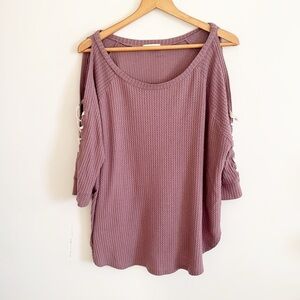 Cherish boutique mauve pink waffle knit lace open sleeve top size XL